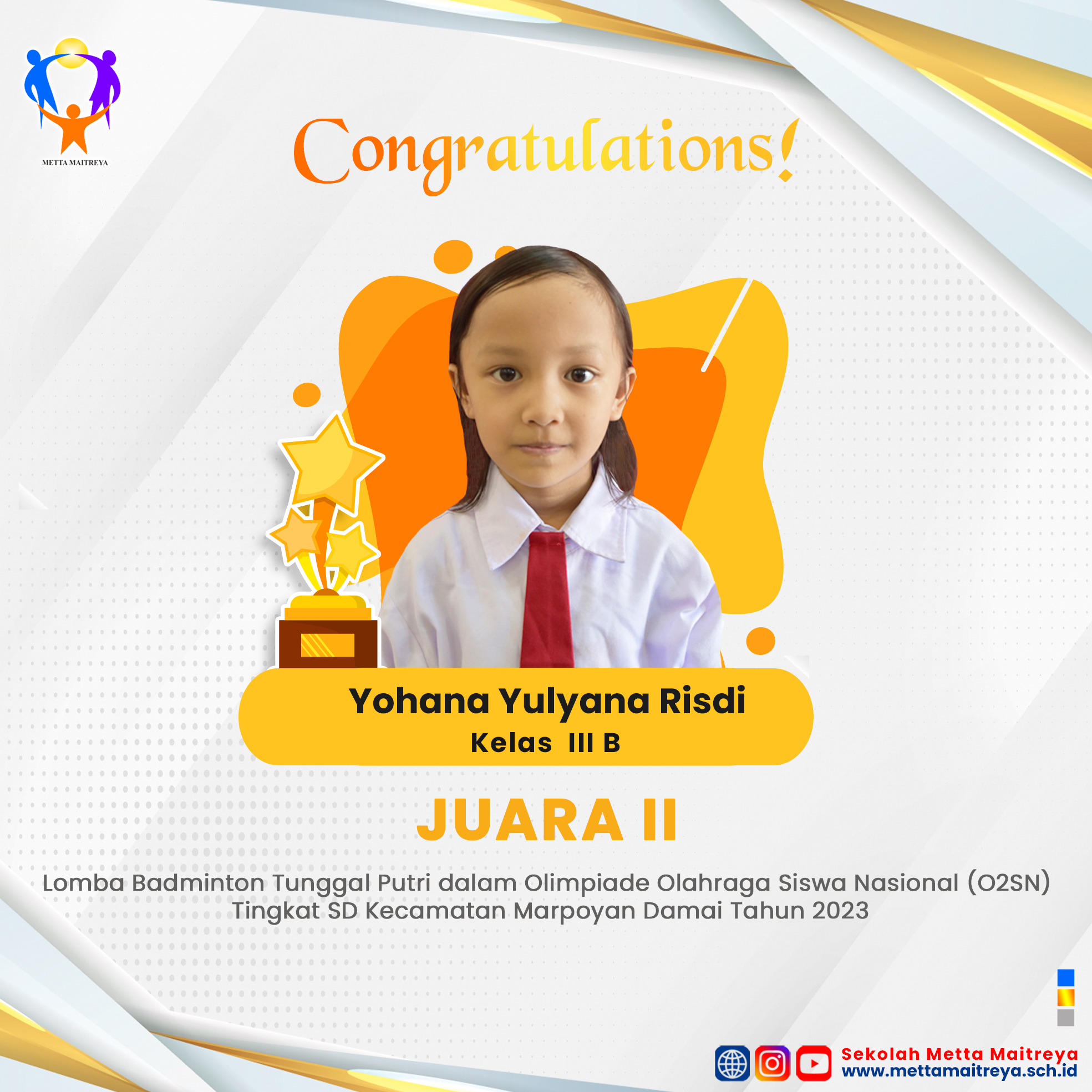 Prestasi Peserta Didik dalam Lomba Badminton Tunggal Putri dalam O2SN Tahun 2023 | SD METTA MAITREYA